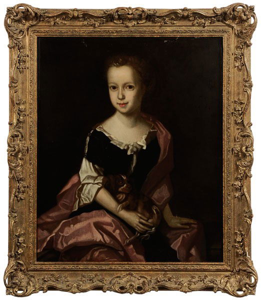 British School: (18th century), Young Girl Holding Spaniel, unsigned, oil on canvas, 30 x 25 in.; painted wood and composition frame, restretched on old stretcher, lined, retouch throughout background with up to 25 p