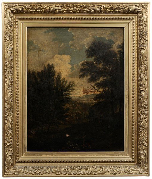 Manner of Gaspard Dughet: (French, 1615-1675, called Gaspard Poussin), possibly 18th century, Landscape With Figures, unsigned, oil on canvas, inscription verso canvas "Gaspar Poussin Rome 1613-1675", 30-7/8 x 24-1/4 in.; gilt
