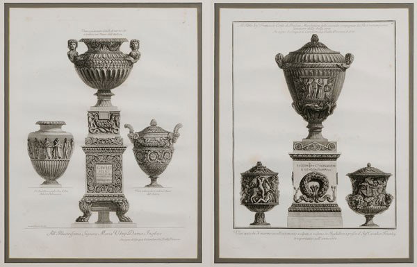 Giovanni Battista Piranesi: (Italian, 1720-1778), Two engravings: [All' Illustrissimo Signora Maria Vdny Dama Inglese,] Plate 28, 20-3/4 x 15-1/8 in. (plate), and [Vasi antichi di marmo eccellentemente scolpiti…,] Plate 45, 21
