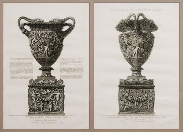 Giovanni Battista Piranesi: (Italian, 1720-1778), Two engravings: [Al Signor Guglielmo Patoun Cavaliere Inglese amatore delle belle arti,] Plate 15, 22-5/8 x 14-3/4 in. (plate), and [A Sua Eccellenza Monsigr. Giovanni Potenziani