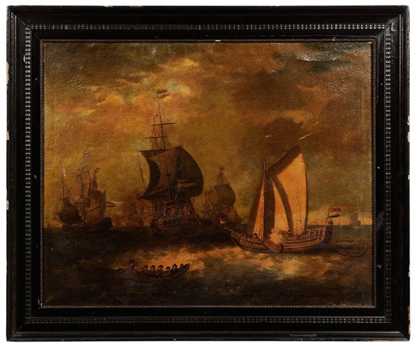 Dutch School: (early 19th century), Dutch Ships in a Harbor, circa 1810, oil on canvas, 39-7/8 x 31-1/2 in.; Dutch ebonized wood ripple-molding frame, 3 in. tear upper right, 1-1/2 in. tear lower left, crackle, cup