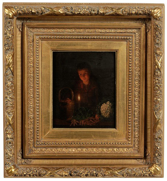 Dutch School: (19th century), Young Girl in Candlelight with Bucket and Vegetables, unsigned, possibly a follower of Johannes Rosierse (Dutch, 1818-1901), oil on oak panel, 8-3/4 x 7-3/8 in.; original 19th century 