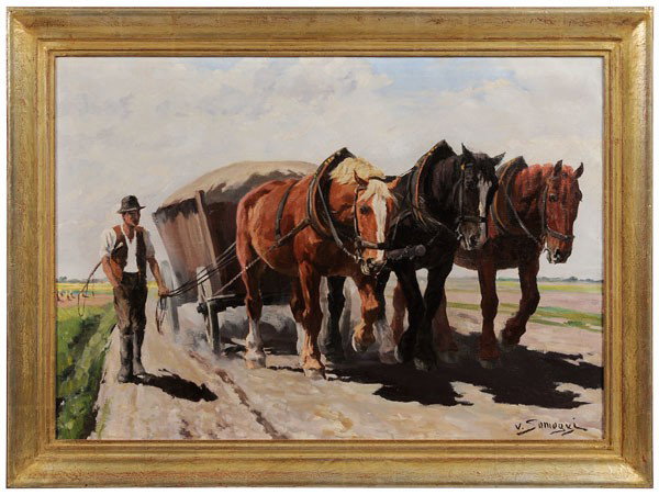 Istvan Von Somogyi: (Hungarian, 1897-1971), Man With Team of Horses Leading a Hay Wagon, signed lower right "V. Somogyi", oil on canvas, 27-7/8 x 39-1/8 in.; fine gilt wood frame, original stretcher and tacking edge, cra