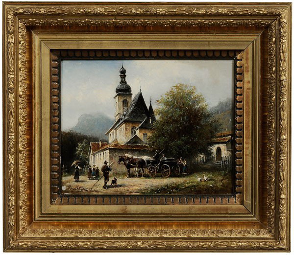 Paul Wilhelm Meyerheim: (German, active 1868-1895), Wagon and Figures Outside a Church, signed lower left "Paul W. Meyerheim", signed and titled verso on label, oil on canvas, 7-1/4 x 9-1/4 in.; original 19th century gilt wo