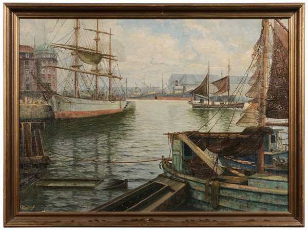 Georg Gundorff: (Danish, born 1876), Ships and Fishing Vessels at Port, signed lower left "Gundorff", oil on canvas, inscribed verso [Til Hanne McNamara/Fra Hugo Hansen/6 Maj 1996,] 28-1/2 x 39-1/2 in.; gilt wood fra
