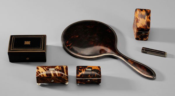 Six Tortoise, Rosewood Dresser Pieces: British and Continental, 19th century, silver-mounted tortoise hand mirror, marks for Birmingham, 1902, Mappin & Webb, 10 in., [minor dents;] rosewood box with brass mounts, 3-3/8 in.; three tortoise