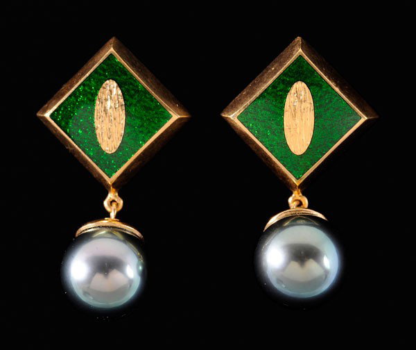 Pair Pearl, Enamel Gold Pendant: Earrings, raised oval within square embellished emerald green [basse-taille] enamel with 10 mm. black Tahitian cultured pearl drops, 23 kt. yellow gold mounts with marks for J. Kimmel & Co., pierced p