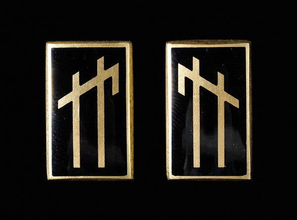 Pair Gold and Enamel Earrings: rectangular with raised lines embellished with black enamel, 23 kt. yellow gold mount with marks for J. Kimmel & Co., pierced post closure, 9.0 grams, 5/8 x 3/8 in.; insurance replacement value $7,200