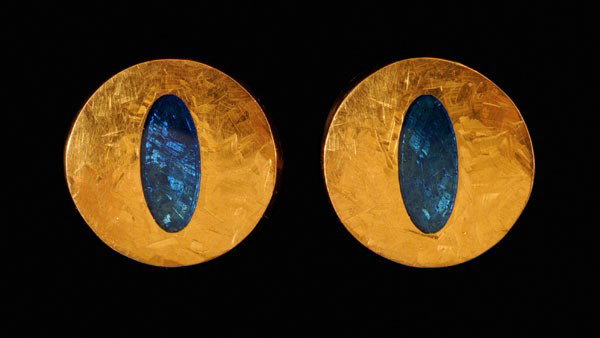 Pair Gold and Enamel Earrings: round with recessed oval embellished with green/blue [basse-taille] enamel, 23 kt. yellow gold mounts with marks for J. Kimmel & Co., pierced post closure, 11.0 grams gross weight, 9/16 in.; insurance