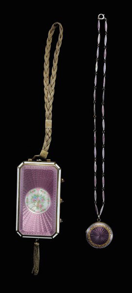 Two Pieces Enameled Sterling: locket with gilt accents, marks possibly Norwegian, 1-1/4 x 1-1/8 in. pendant, with 17 in. chain, [abrasion and minor chips to enamel;] wrist purse, central floral medallion, braided handle, tassel, g