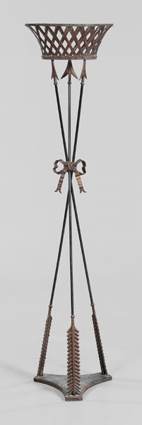 Empire Style Iron Planter: Continental, late 19th/early 20th century, oval reticulated basket mounted on cluster of three arrows, copper basket, bow, arrows and feathers, other elements iron, 57 in., minor chips to black-painte