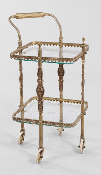 Empire Style Bronze and Glass Tea Cart: French, early 20th century, bronze frame with anthemion relief decoration, shelves with geometric and floral engraving, 30-1/2 x 16-1/4 x 16-1/4 in., good condition overall, original rubber wheels det