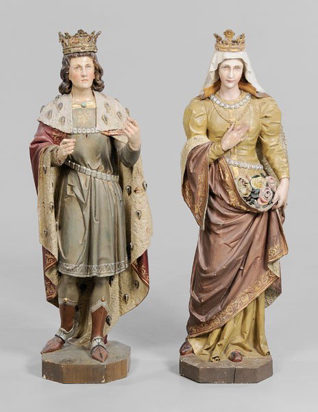 Possibly Franz Mayer & Company: (German, late 19th/early 20th century), two figures, A Saintly King and Queen (possibly St. Elisabeth of Hungary), carved, polychromed and gilt wood figures, 45-3/8 in., splits, chips, holes, flaking,