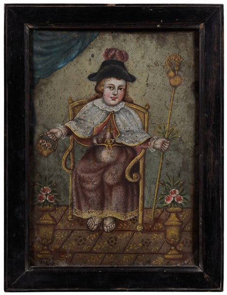Spanish Colonial School: (19th century), El Ste Nino de Atocha, oil on tin, 14 x 10 in.; ebonized wood frame, abrasions, corrosion, tears and holes at edges, grime Provenance: Private Collection, Palm Beach, Florida
