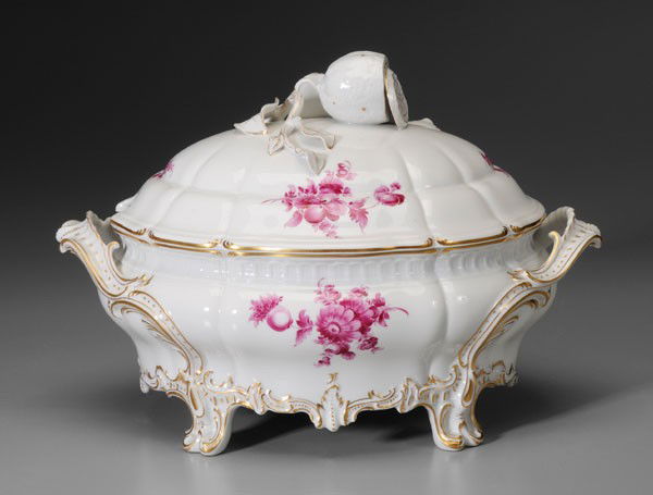 Nymphenburg Porcelain Tureen: German, mid 20th century, sliced-lemon finial with gilt highlights, purple floral bouquets, printed Nymphenburg Western Germany mark on base, 9-3/4 x 14-1/2 in., excellent condition, minor losses to g