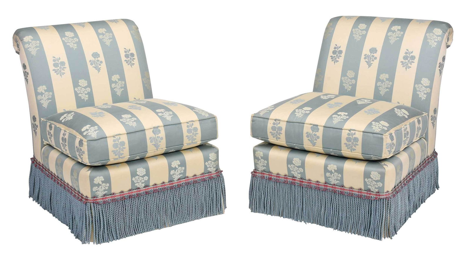 Pair Pale Blue and White Damask Upholstered Club Chairs: late 20th century, each with scrolled back, loose seat cushions, tassel fringes, set on tapered square legs, with label from "Brunschwig & Fils, Atlanta", scalamandre upholstery, 32-1/2 x 26 x 28 in. 