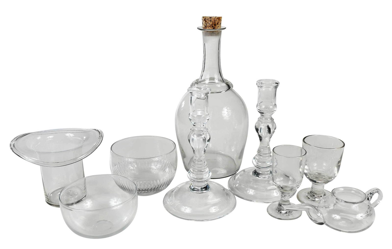 14 Georgian Glass Table Items, Pair of Candlesticks: British, most 18th/early 19th century, including: six stemmed port or wine glasses, five finger bowls, one top hat form vessel, one nursing cup, decanter with cork stopper, largest 12 in.; together wi
