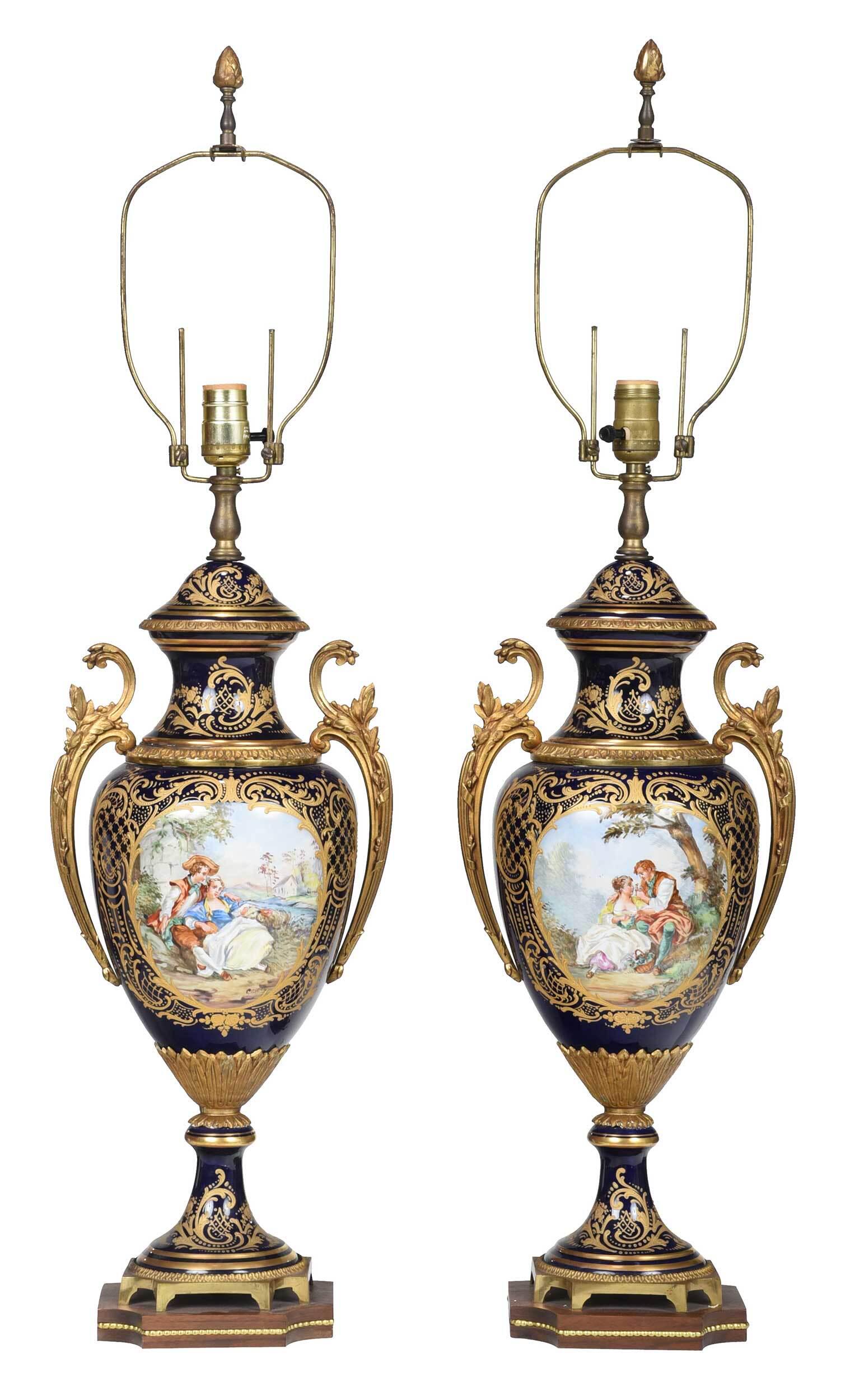 Pair of Porcelain Sevres Style Urns Mounted as Lamps (1 of 6)