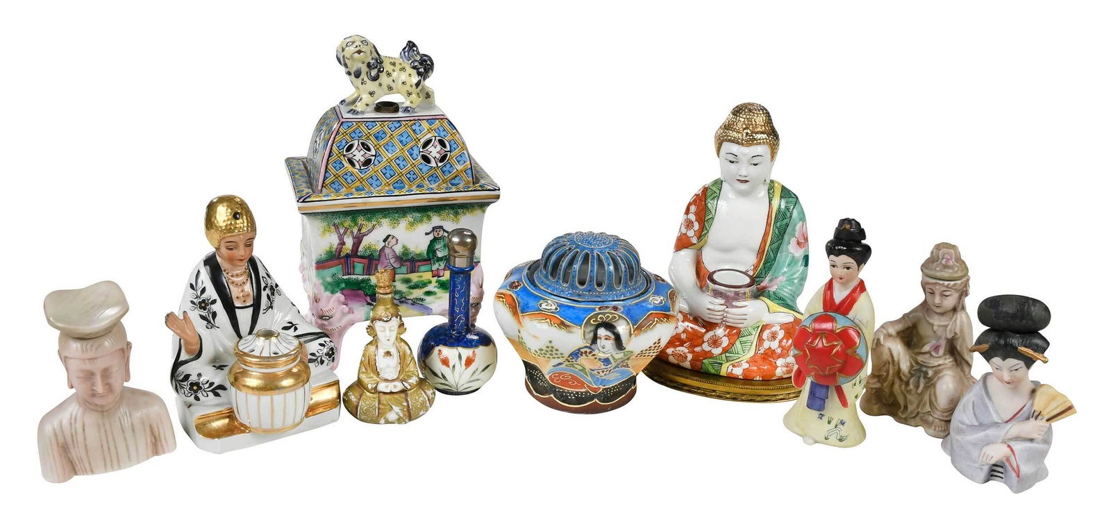Ten Perfumes and Perfume Burners in the Asian Taste: 20th century, comprising: seated figure in black and white robe with pot for perfume, 5-1/4 in.; bust of Japanese woman with fan, hair is stopper with cork, 4-1/4 in.; seated Buddha in multi color rob