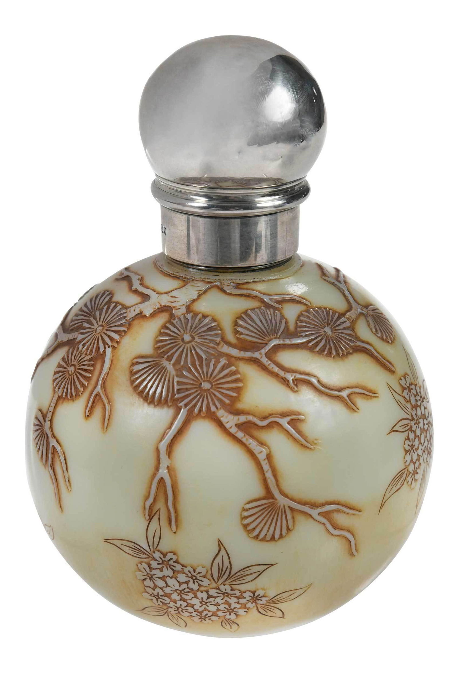 Thomas Webb & Sons Cameo Glass Perfume: English, 1887, of spherical form, in the Chinese taste, cameo carved prunus branches with blooms and floral bouquets on ivory ground, "Thomas Webb & Sons" mark to base, English silver cap hallmarks fo