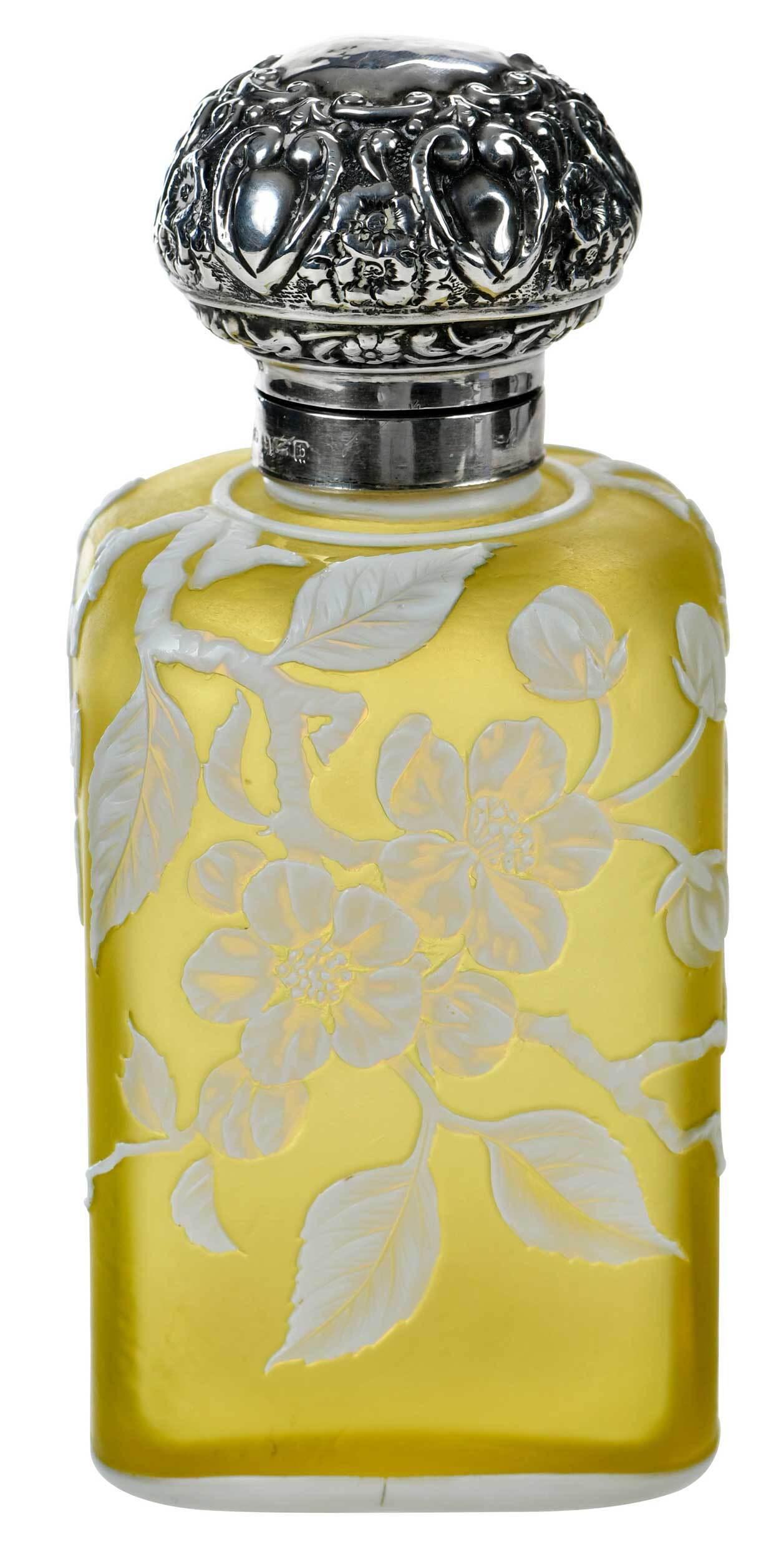 Thomas Webb & Sons Cameo Glass Perfume: English, 1901, of rectangular form with cameo carved white crab apple branches, buds and flowers on a yellow ground, two white rings to neck, and white border to base, "Thomas Webb & Sons" impressed m