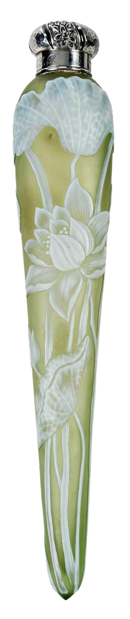Thomas Webb Cameo Glass Perfume: British, late 19th century, of teardrop form, white cut to green cameo, depicting flowers, stems, leaves and a butterfly, sterling silver lid, inscribed "M.B. to C.G.B.", marked "Gorham Sterling", .92