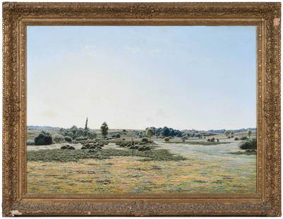 Jean Ferdinand Monchablon: (or Jan, French, 1854-1904) Haying Field, 1889, signed lower right "Jan-Montchablan/1889", inscribed lower left, oil on canvas, 28-5/8 x 39-1/4 in.; gilt wood and composition frame, 36 x 46-3/4 in. Pr