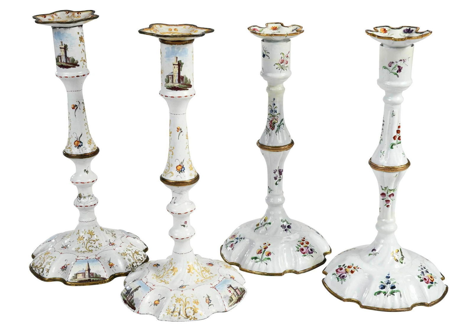 Two Pairs Georgian Staffordshire Enamel Candlesticks (1 of 12)