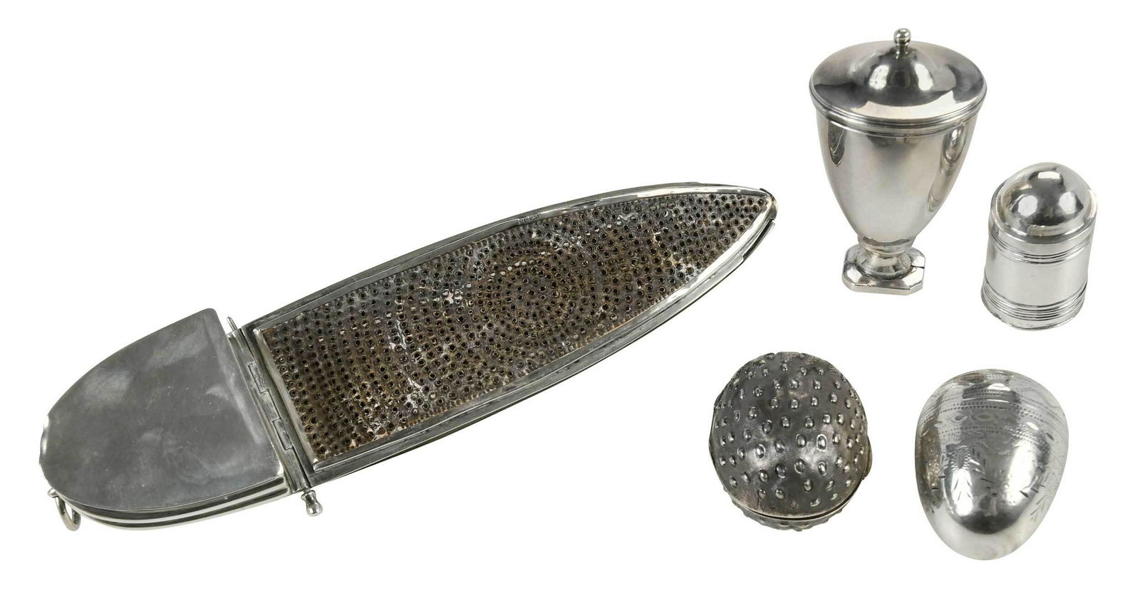 Five Silver Nutmeg Graters: four English silver: one urn form, marks for Susannah Barker, London, 1792; one cylinder form with dome top, marks for Birmingham, maker "IT"; one strawberry form, mark for Birmingham, 1857, Hilliard