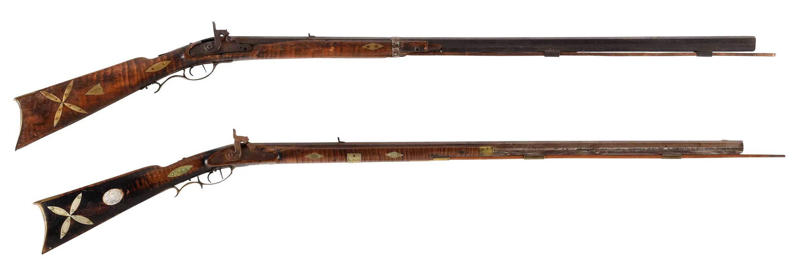 Two North Carolina Jamestown School Longrifles: unsigned lock, double set triggers, 37 in. octagonal barrel, brass blade front sight, raised curved rear sight, maple half stock, metal inlays including heart, petals, and "Sovereign Commander W.A. Fr