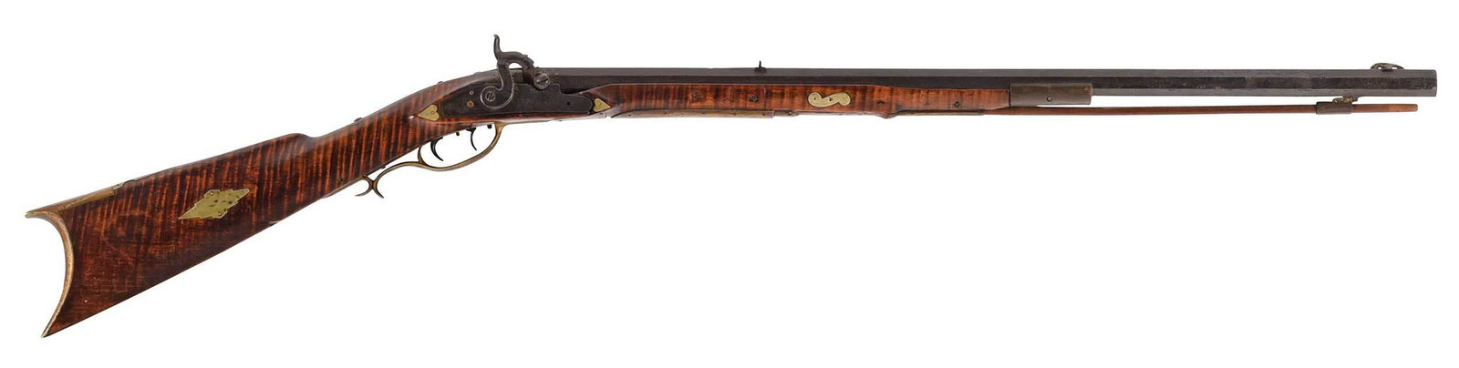 Pennsylvania / Kentucky Long Rifle: engraved percussion lock, double set triggers, 28-3/4 in. octagonal barrel, indiscernible engraving to top of barrel, brass blade front sight, split rear sight, maple half stock, geometric brass inlay