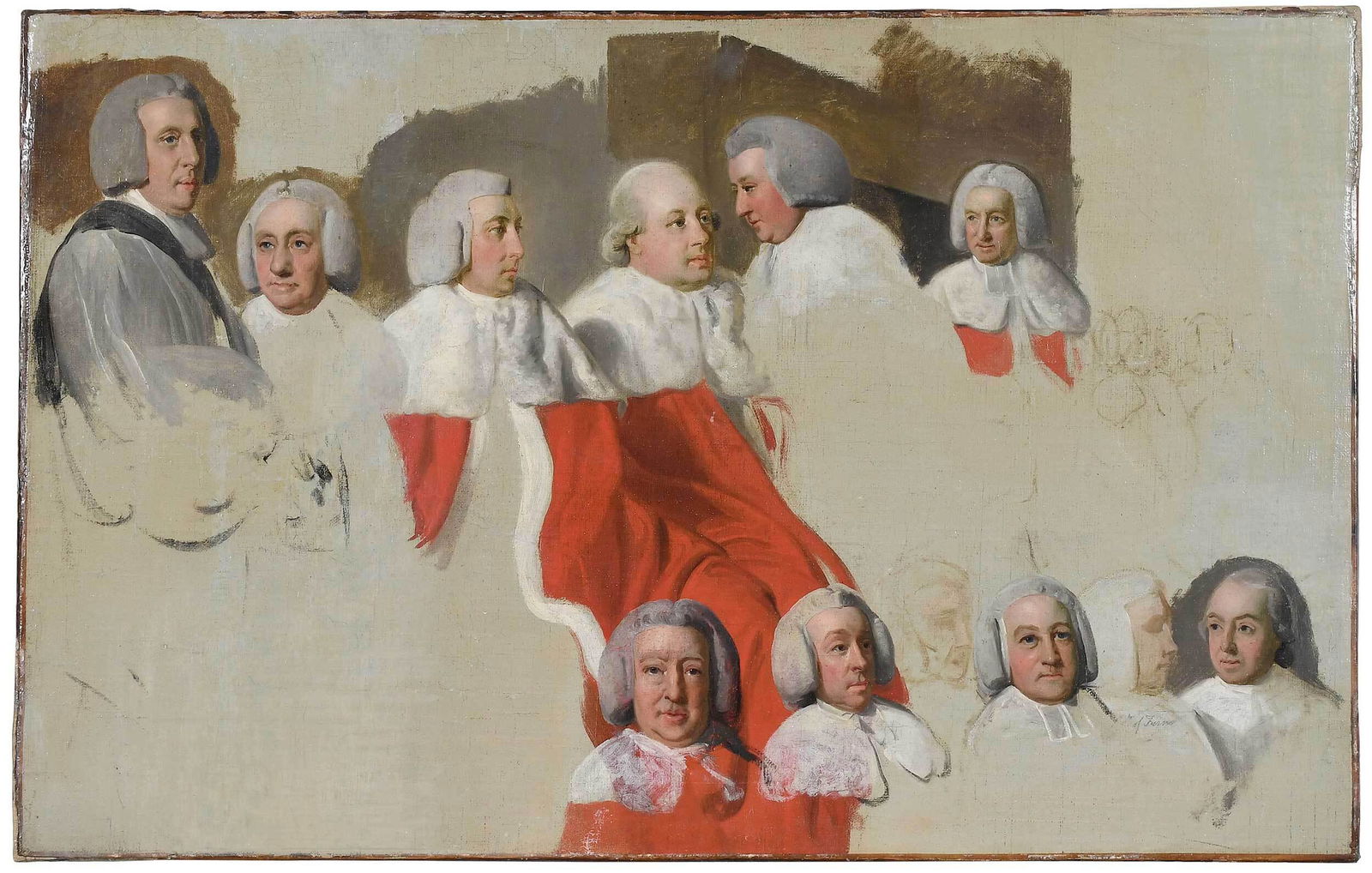 Attributed to John Singleton Copley: (Massachusetts/British, 1737-1815) Portrait studies for The Death of the Earl of Chatham, after the painting held by The Tate Gallery on loan to the National Portrait Gallery, London, oil over graphit