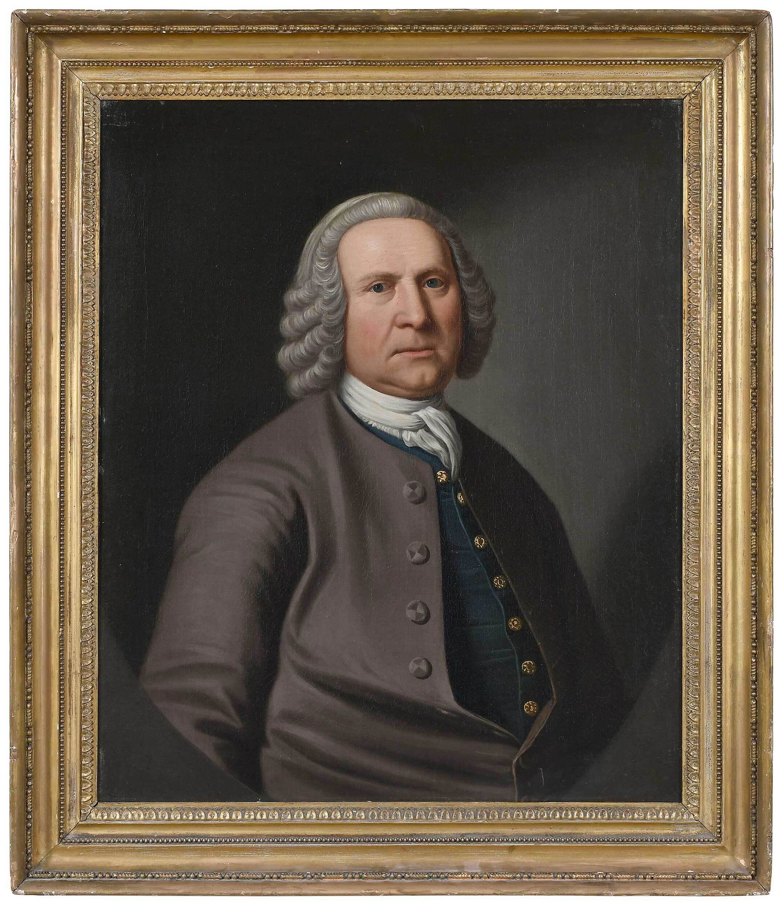 Manner of John Singleton Copley: (Massachusetts/British, 1737-1815) Portrait of a Gentleman in a Brown Coat, indecipherably signed and dated "July...", oil on canvas, painted oval, 30-1/8 x 25 in.; period carved gilt wood frame, 36-1