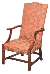 New England Federal Inlaid Mahogany Lolling Chair: Massachusetts, 1780-1800, with arched crest, scrolled arms, and inlaid arm supports, on square legs with stretchers, gold and salmon upholstery with brass tacking, 44 x 26-1/2 x 24 in. Provenance: Est