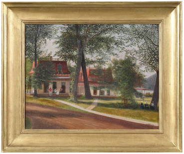 Nelson Augustus Moore: (American, 1824-1902) The Mansard House, on the Housatonic, Stratford, Connecticut, 1881, signed and dated lower right "NAMoore 81", oil on canvas, 12 x 15 in.; fine reproduction gilt wood frame, 16-1