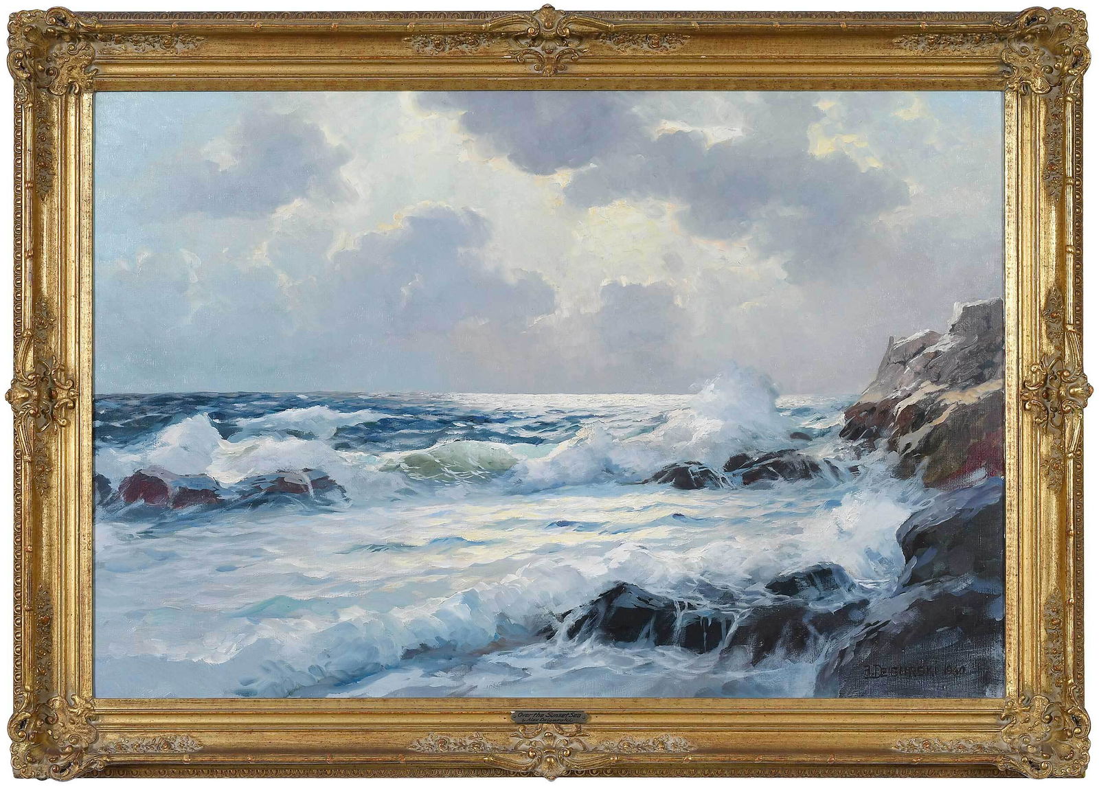 Alexander Dzigurski: (Yugoslavian/America, 1911-1995) Over the Sunset Sea, signed lower right "A. Dzigurski", oil on canvas, 24 x 36 in.; reproduction gilt wood frame, 29-3/4 x 41-3/4 in.