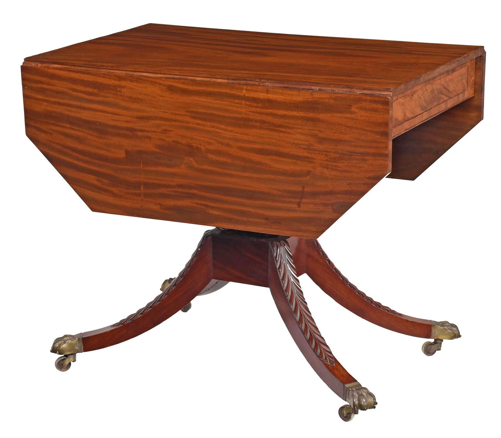 New York Classical Mahogany Drop Leaf Breakfast Table: possibly shop of Duncan Phyfe, circa 1815, figured single board mahogany top with two drop leaves, figured veneered skirts, set on leaf carved lyre supports with carved rosettes, pedestal base with le