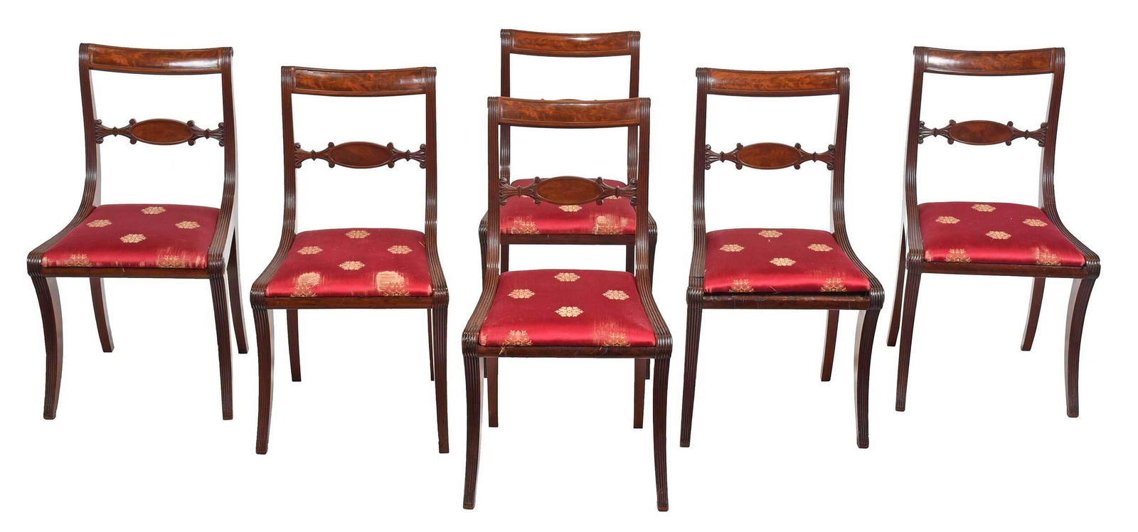 Fine Set Six New York Classical Mahogany Side Chairs: attributed to shop of Duncan Phyfe, circa 1815, each with highly figured scrolled tablet back over carved slat, retaining their original poplar slip seat frames (most with matching numbers), with red