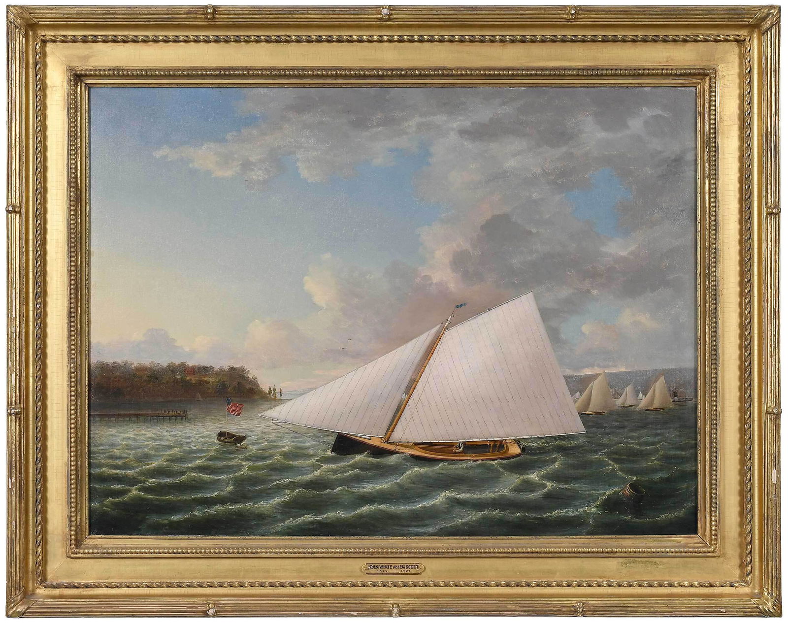John White Allen Scott: (Massachusetts, 1815-1907) Crossing the Finish Line, on the Hudson River, 1855, signed and dated lower right "JWA Scott/1855", oil on canvas, 22 x 30 in.; fine reproduction gilt wood frame, 29-3/4 x 3