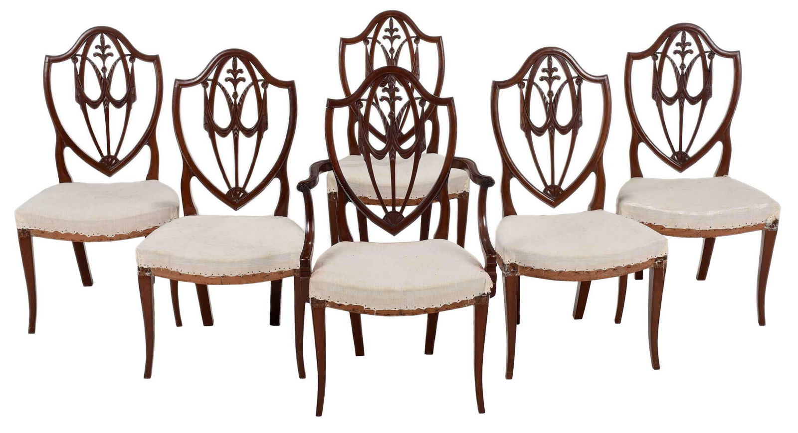 Very Fine Set of Six New York Federal Dining Chairs: possibly shop of Duncan Phyfe, 1790-1810, each with drapery, leaf, and fan quarter carved shield back, saddle seats, curved and incised legs, ash seat rails, one arm and five side, each upholstered in