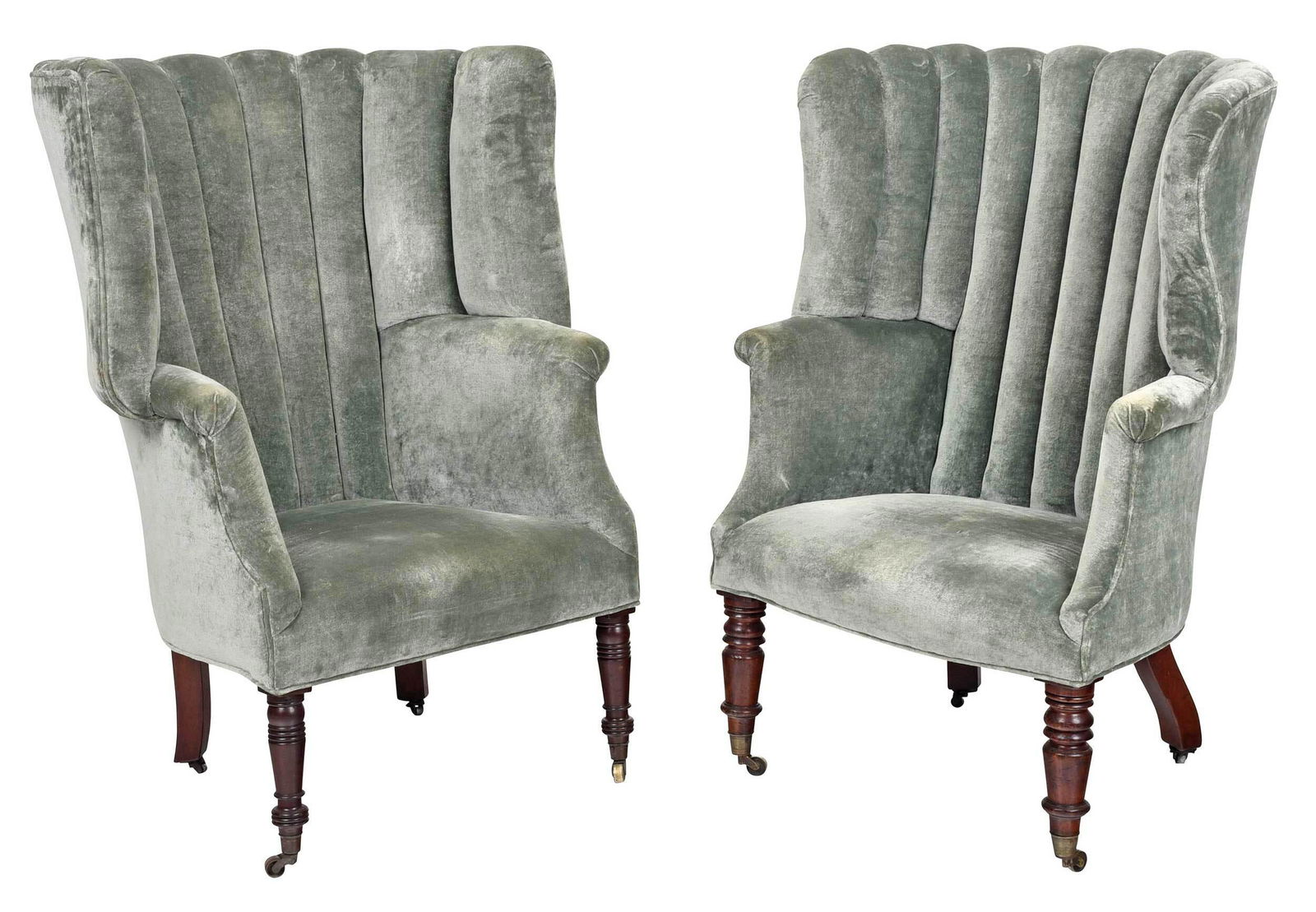 Near Pair Regency Mahogany and Velvet Wing Chairs (1 of 8)