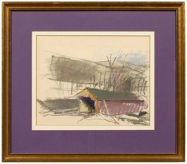 Pastel by Wolf Kahn,: covered bridge, signed lower center "W. Kahn 72" (New York, born 1927), gallery label verso from Grace Borgenicht Gallery, New York, pastel on paper, light toning and acid leaching, some pastel on ver