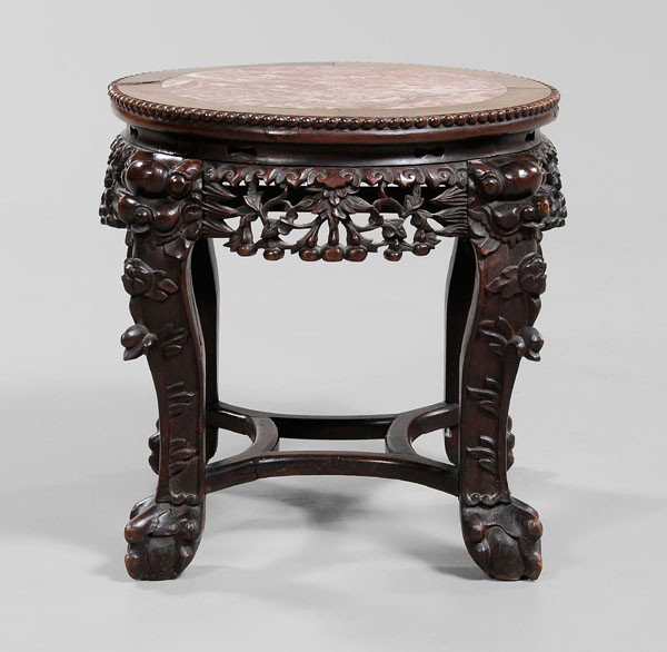 Hardwood Stand: Chinese, late 19th/early 20th century, top with pink and white marble inset, gourd vine aprons, ball-and-claw feet, 18 x 21-3/4 in., minor fading, separations, chips Provenance: Private Collection, Al