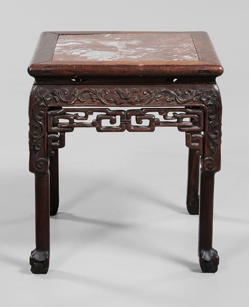 Hardwood Stand: Chinese, late 19th/early 20th century, top with pink and white marble inset, fretwork apron, ball-and-claw feet, 18-1/2 x 16-1/4 in., minor fading, separations, chips