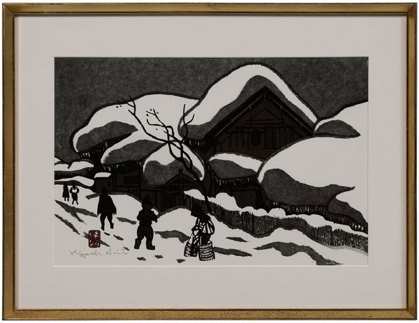 Kiyoshi Saito (1907-1997) Print: Japanese, 20th century, village in winter scene, probably from "Winter in Aizu" series, red seal mark and pencil signature lower left, 11-1/2 x 17-1/4 in., modern gilt wood frame, hinged at top corner