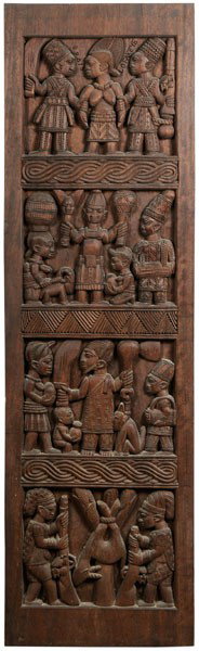 Lamidi Olonade Fakeye: (Nigerian, 1928-2009), Figural Panel with Four Scenes Depicting the Yoruba Culture, 1968, signed at top "L.O. Fakeye", carved mahogany, 77-1/2 x 23-1/4 in., light abrasions, two small splits at top La