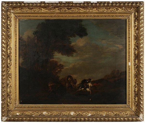 Follower of Philips Wouwerman: (Dutch, 1617-1668), possibly 17th century, Wagon Attacked by Bandits, apparently unsigned, oil on canvas, 17-1/8 x 21-5/8 in., early 20th century gilt wood and composition frame, early 20th century li