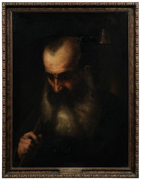 Italian School: (late 18th/early 19th century), St. Anthony Abbot, unsigned, oil on canvas, "164" verso, 24-1/8 x 18-1/4 in., 20th century frame, restretched on older stretcher, lined with paste and linen, two period