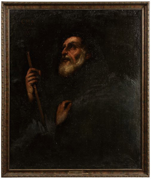 Italian School: (possibly 17th century), Saint Jerome Holding Staff, unsigned, oil on canvas, 40-7/8 x 33-1/2 in., 20th century wood frame, retouch to 80 percent of surface with repaint (mostly background), head of s