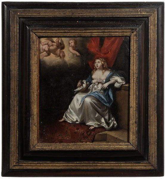 Follower of Willem Van Mieris: (18th century), The Annunciation, inscribed verso "Mieris Francesco 1677" and "N:18", oil on oak panel, 11-1/2 x 9-1/4 in., period Dutch ebonized and gilt wood reverse-profile frame with applied rippl